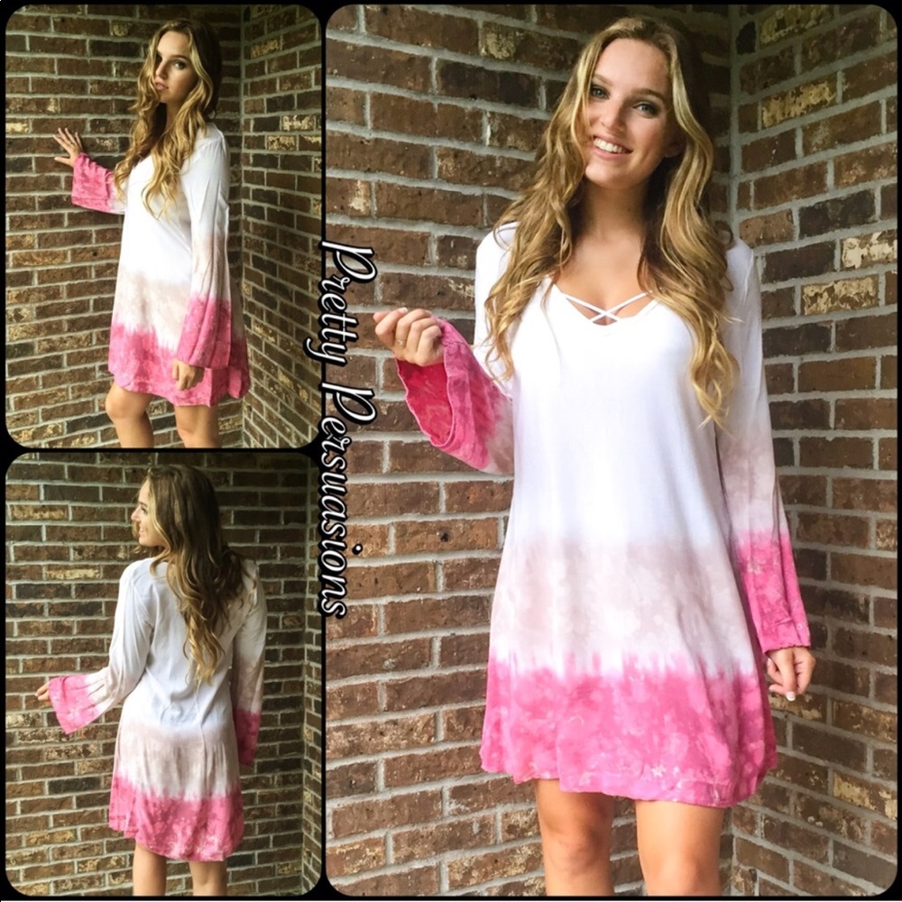Blush White Tan Tie Dyed Long Bell Sleeve Dress - Picture 1 of 8